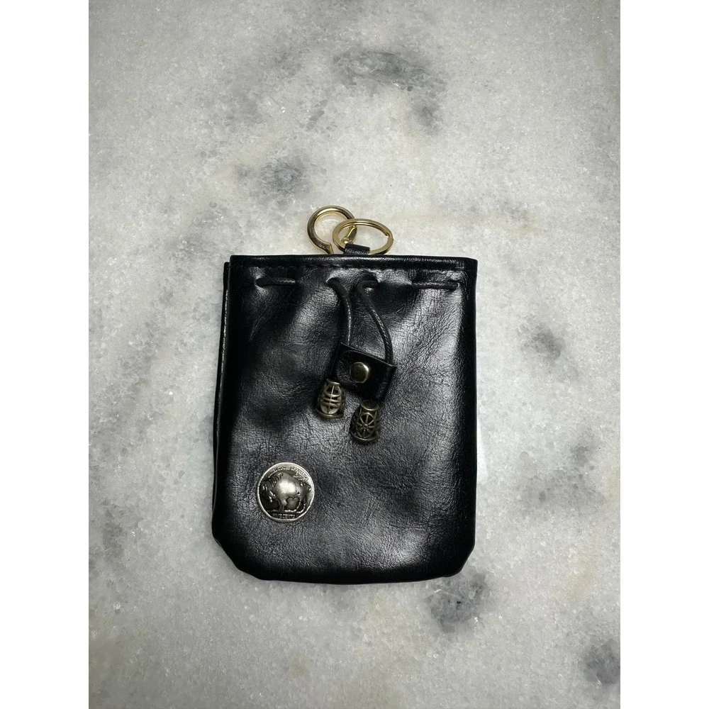 Black FauxLeather Drawstring Pouch Buffalo Nickel Concho Key Ring Belt Clip Bag